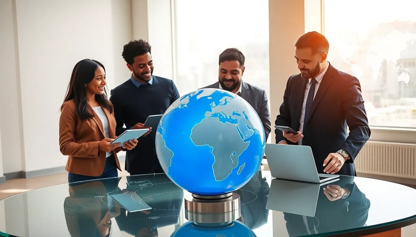 diverse professionals discussing geographic coordinates in a modern office.